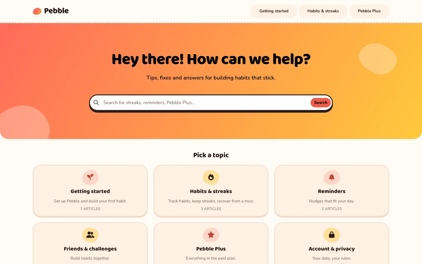 The Pebble help center's home page, as the agent designed it
