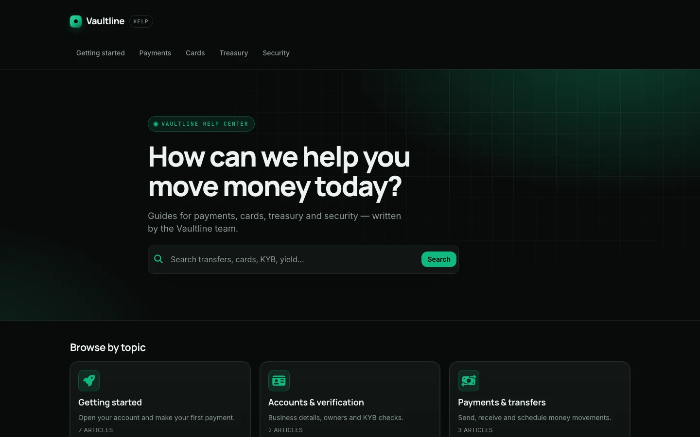 The Vaultline help center's home page, as the agent designed it