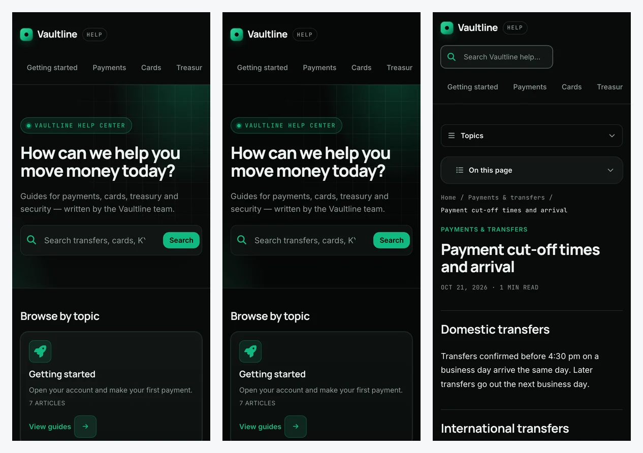The Vaultline help center on a phone, in light and dark mode