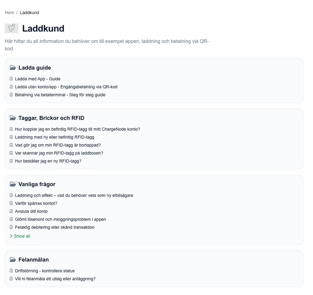 The charging customer category, Laddkund, split into sections for charging guides, RFID tags, common questions and fault reports