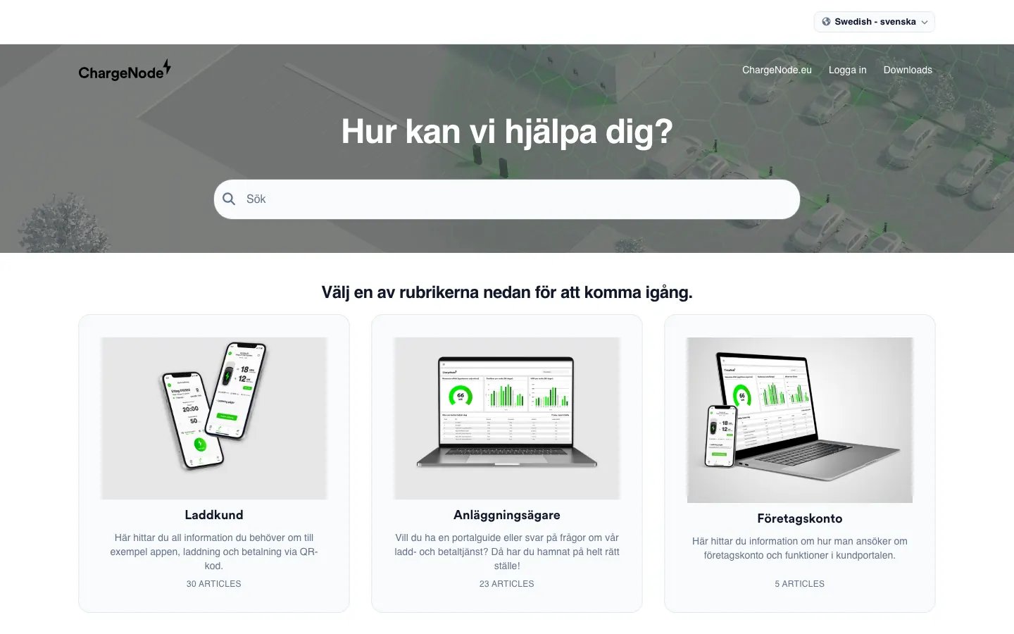 ChargeNode's help center home page on desktop, in Swedish: the ChargeNode header over a hexagon-grid image of a car park, a search field, and a card for each kind of reader