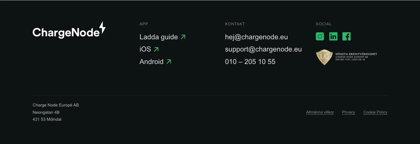 The help center footer on black: the ChargeNode wordmark, app links for iOS and Android, contact details and social icons in ChargeNode green