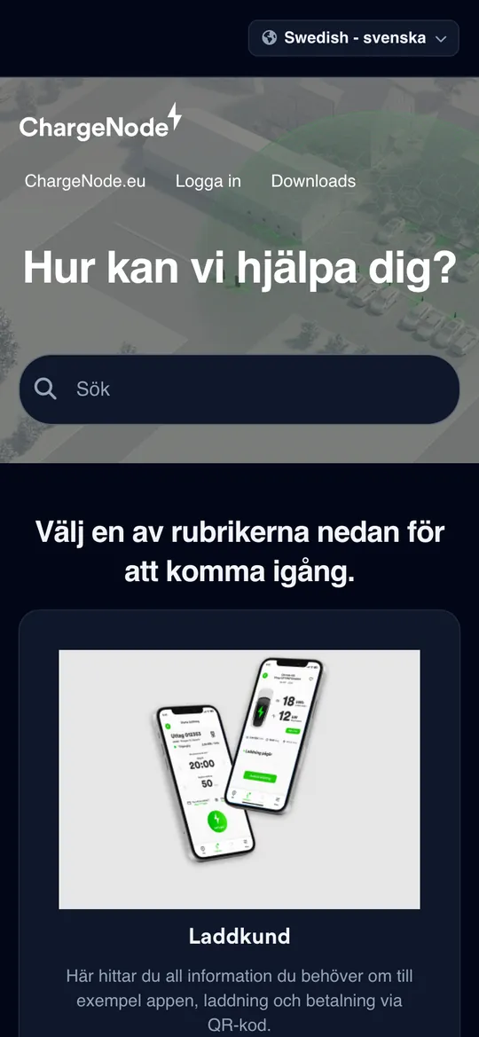 The same help center on a phone, in dark mode