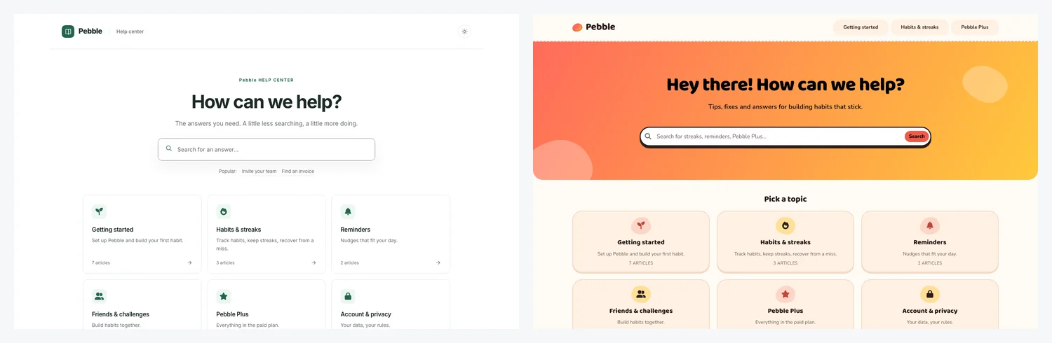 The same help center twice: on the left the default theme, plain white with green accents; on the right Pebble's theme, with a coral-to-yellow hero and rounded topic cards