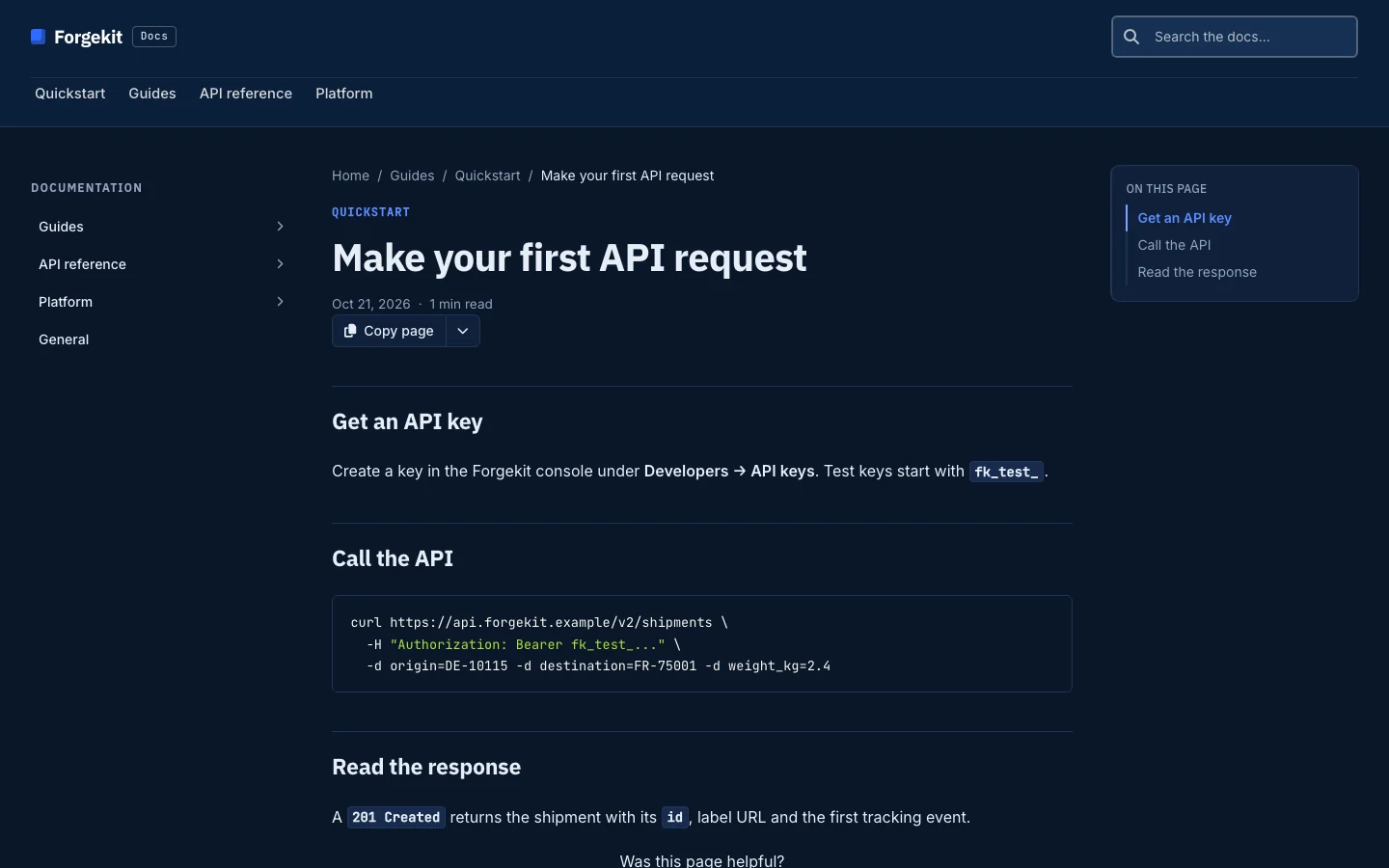 A Forgekit article, “Make your first API request”, with a documentation tree on the left, an On this page outline on the right and a dark code panel