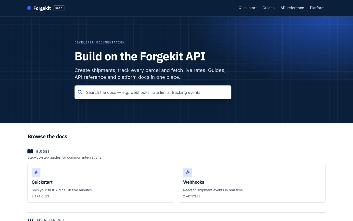 Forgekit's docs home page: a navy hero reading “Build on the Forgekit API” with a docs search, and categories grouped under Guides and API reference