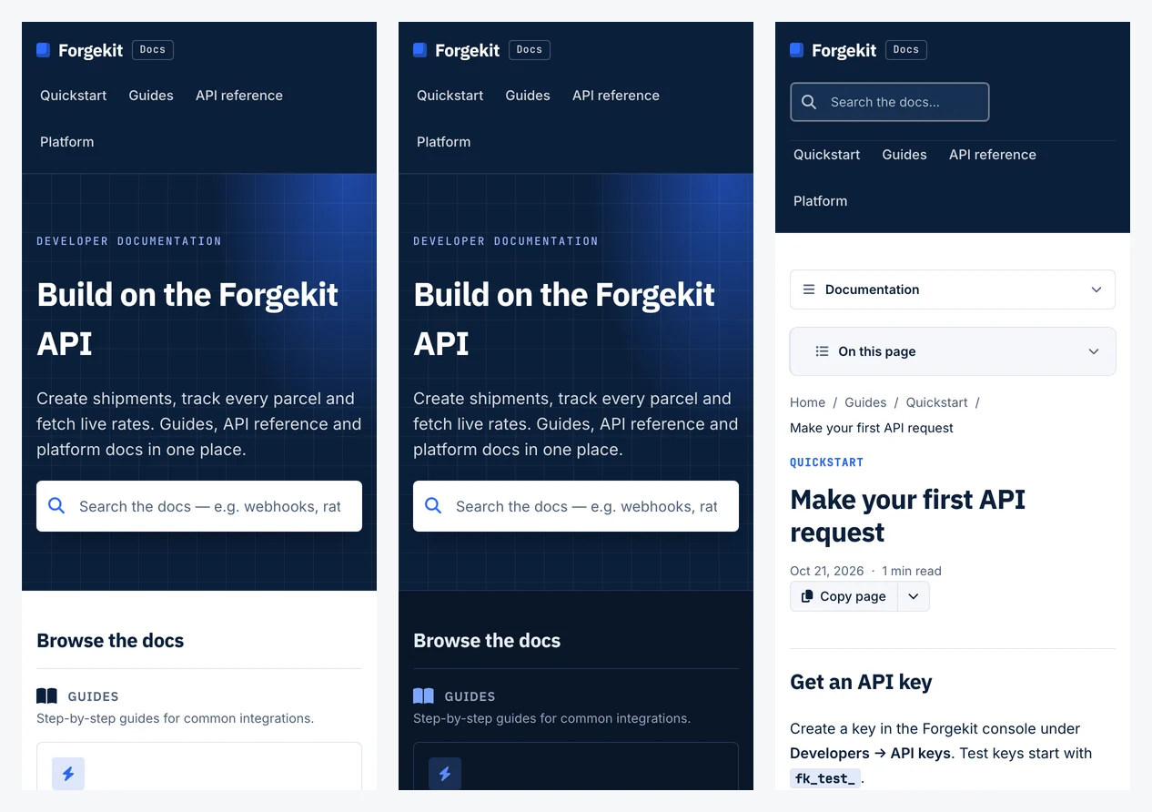 Forgekit on a phone: the home page in light and dark mode, and an article