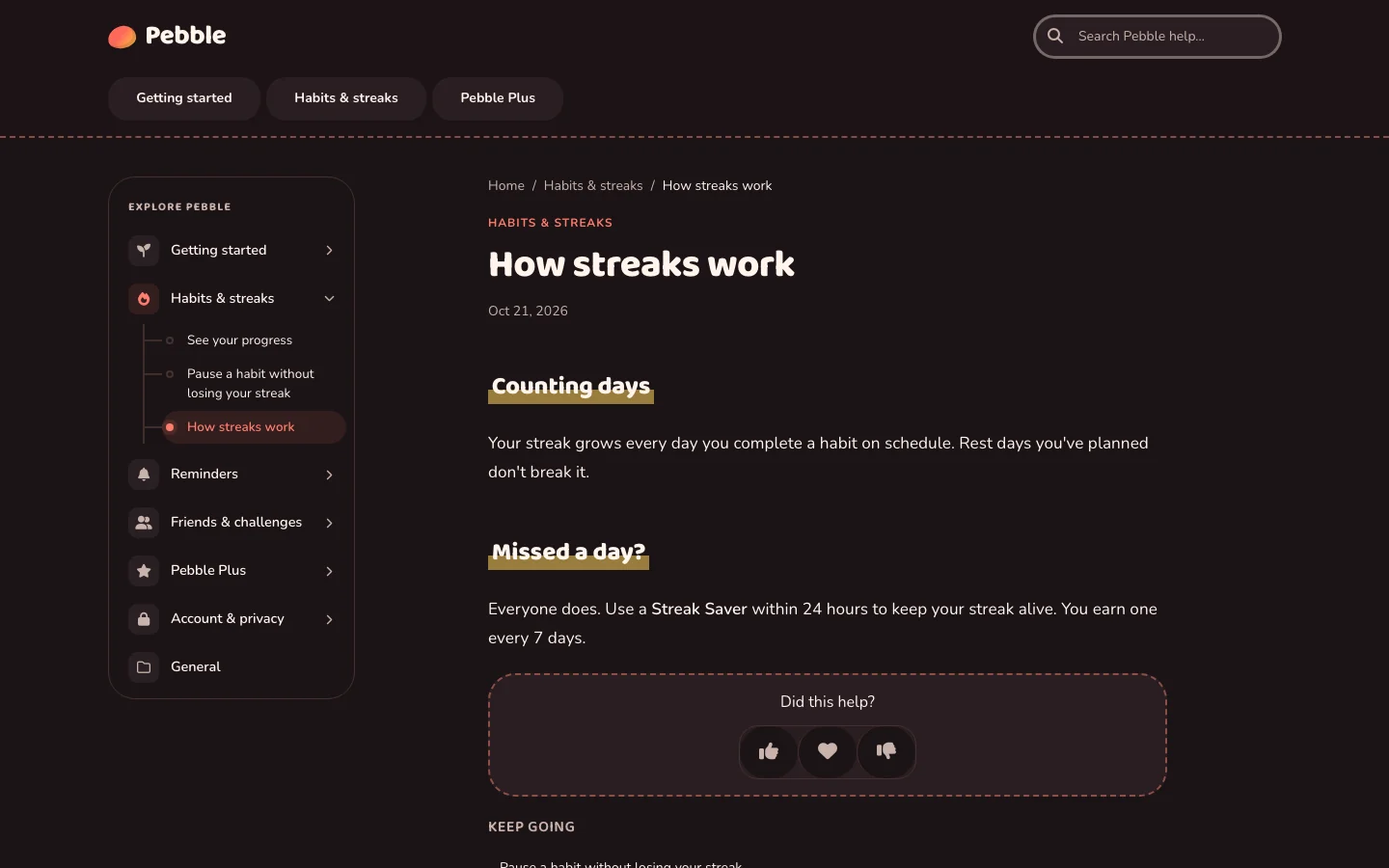 A Pebble article, “How streaks work”, in dark mode, with highlighter-marked headings and an Explore Pebble menu on the left