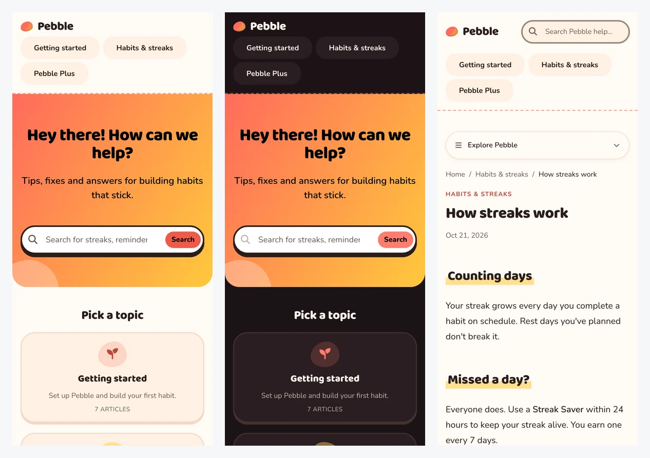 Pebble on a phone: the home page in light and dark mode, and an article