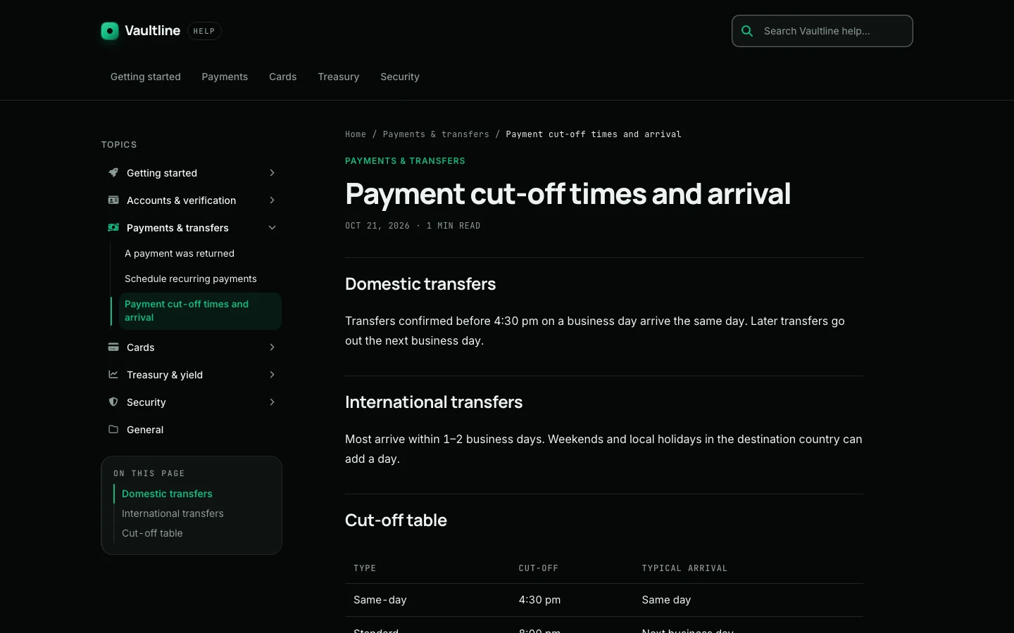 A Vaultline article, “Payment cut-off times and arrival”, with a topic tree and an On this page outline on the left
