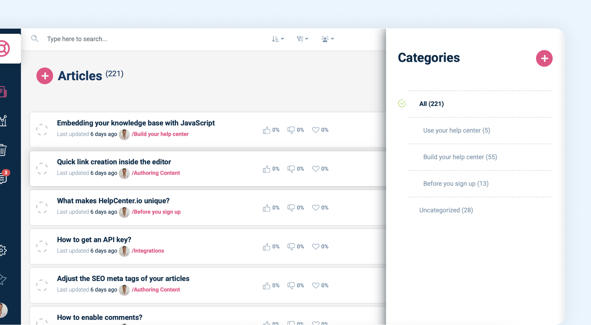 Content management interface showing categories and articles