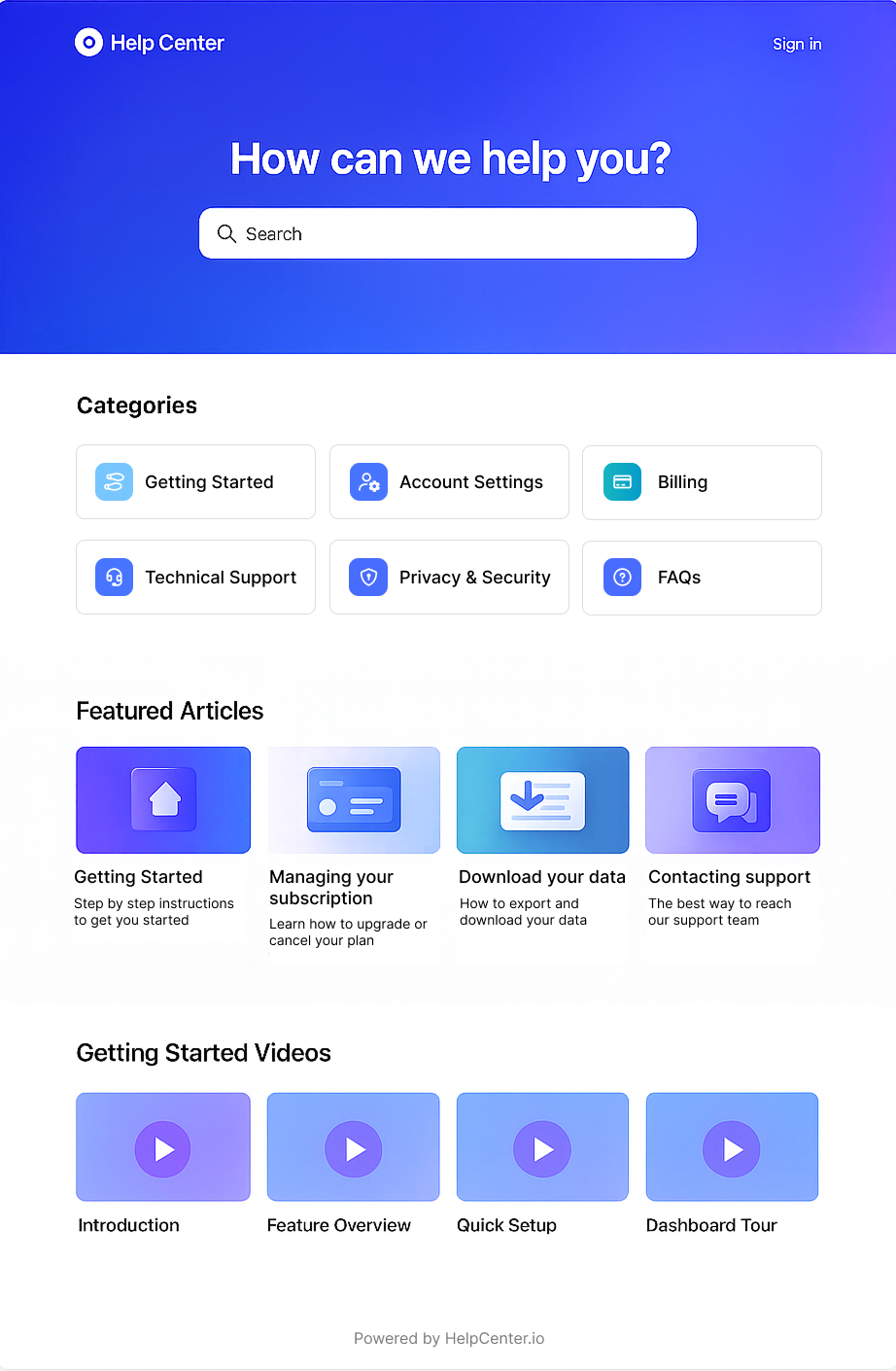 Beautiful help center interface