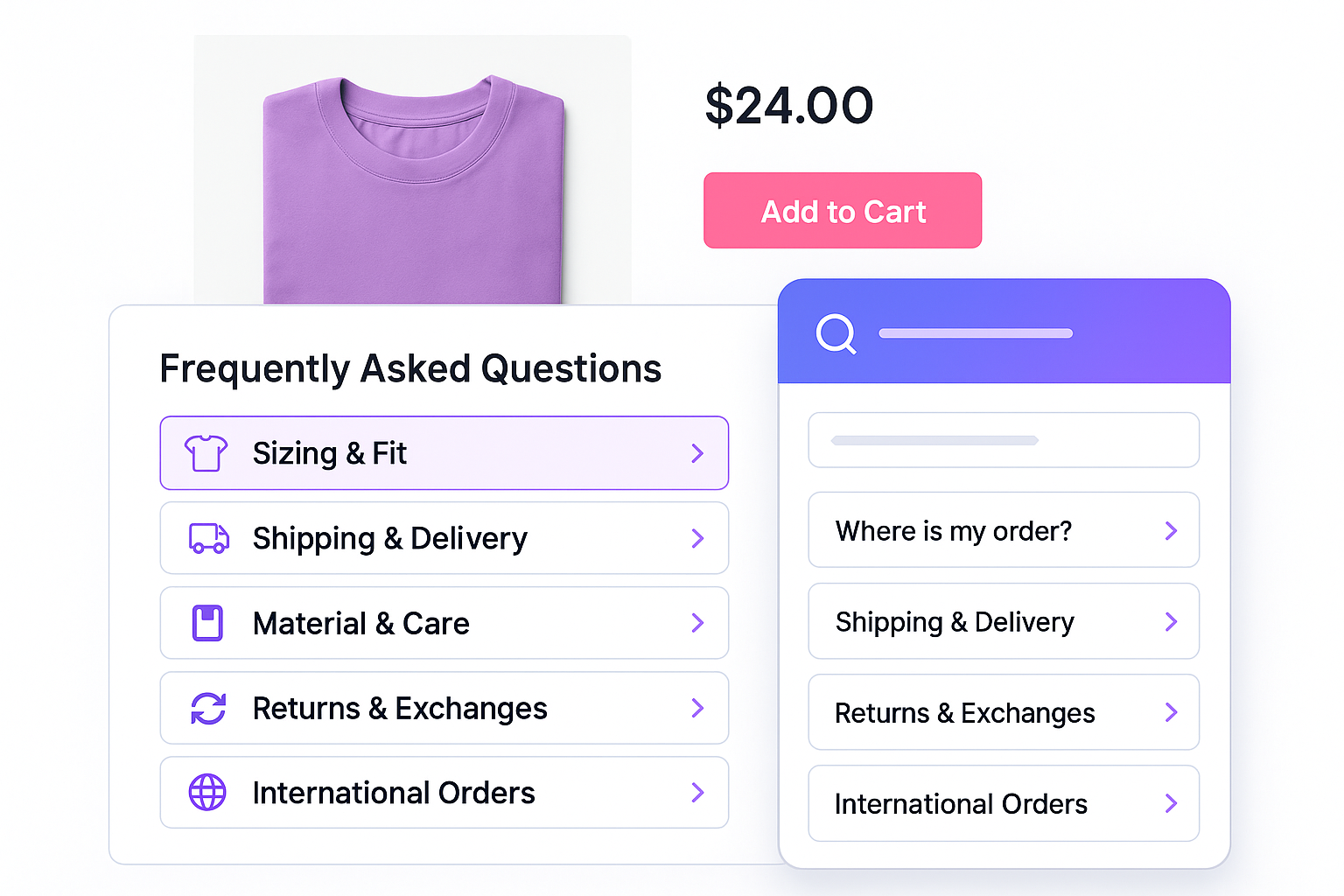 Product page with embedded FAQs for sizing, shipping, and care