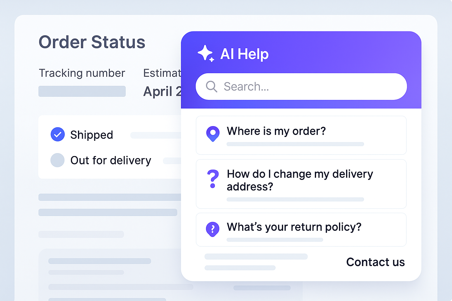 AI widget suggesting shipping times, returns, and order tracking