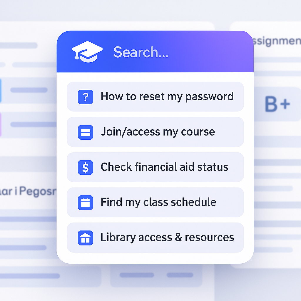 AI widget suggesting Reset Password, Join Course, and Financial Aid Status