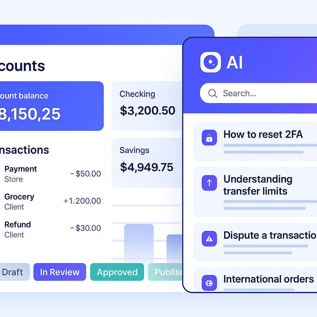 Fintech dashboard with AI widget and approval workflow