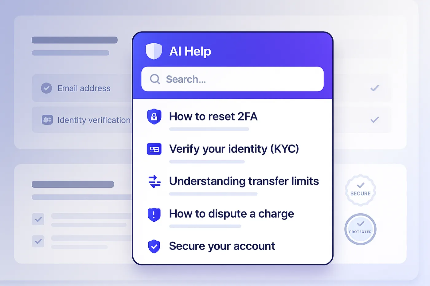 AI widget suggesting Reset 2FA, Verify Identity, and Dispute a Charge