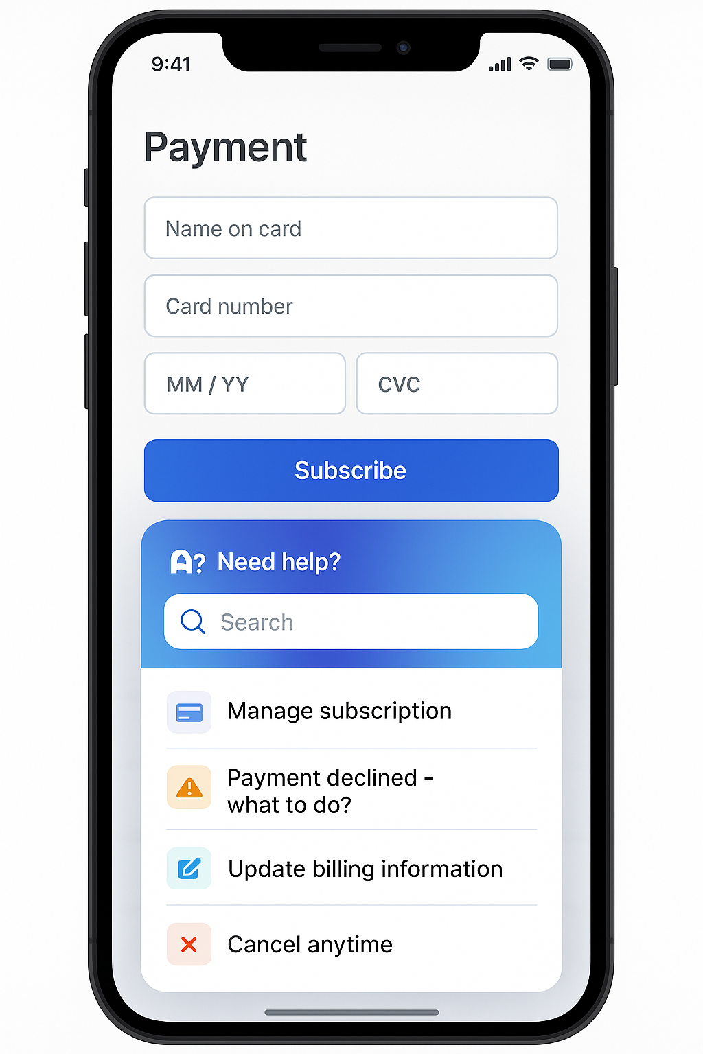 App screen with slide-up help drawer showing suggested articles