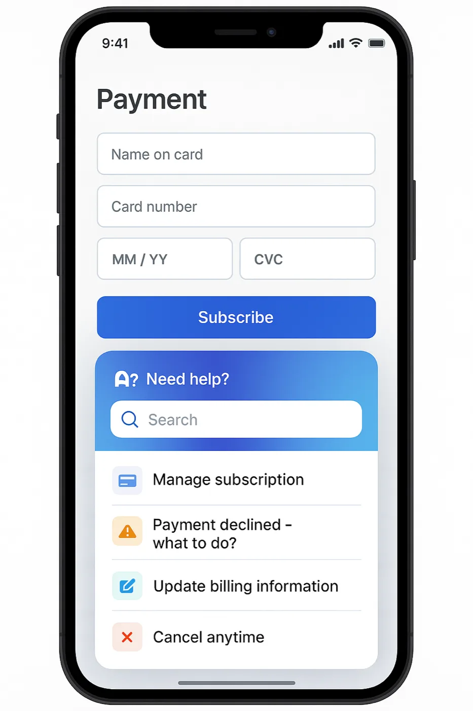 App screen with slide-up help drawer showing suggested articles