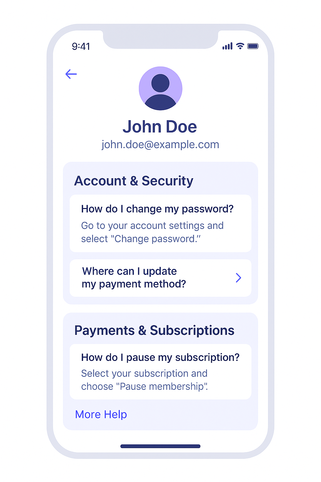 Account screen with embedded Payments & Security FAQ accordion