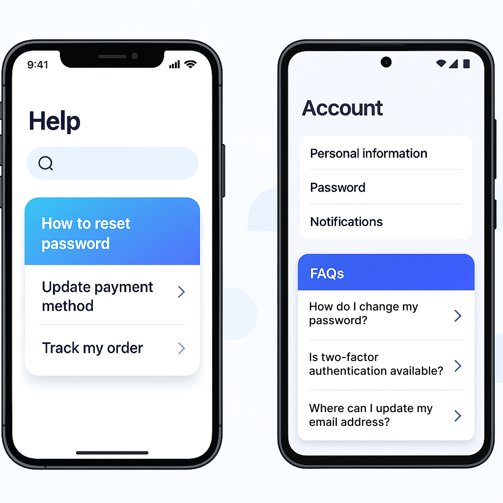 Mobile app screens with embedded FAQ panel and AI suggestions