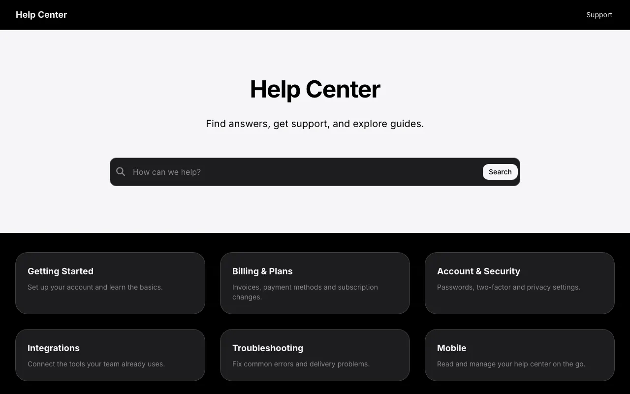 Apple Minimal knowledge base template: the home page in dark mode