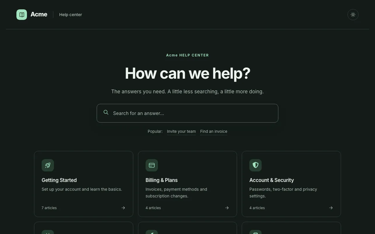 Compass knowledge base template: the home page in dark mode