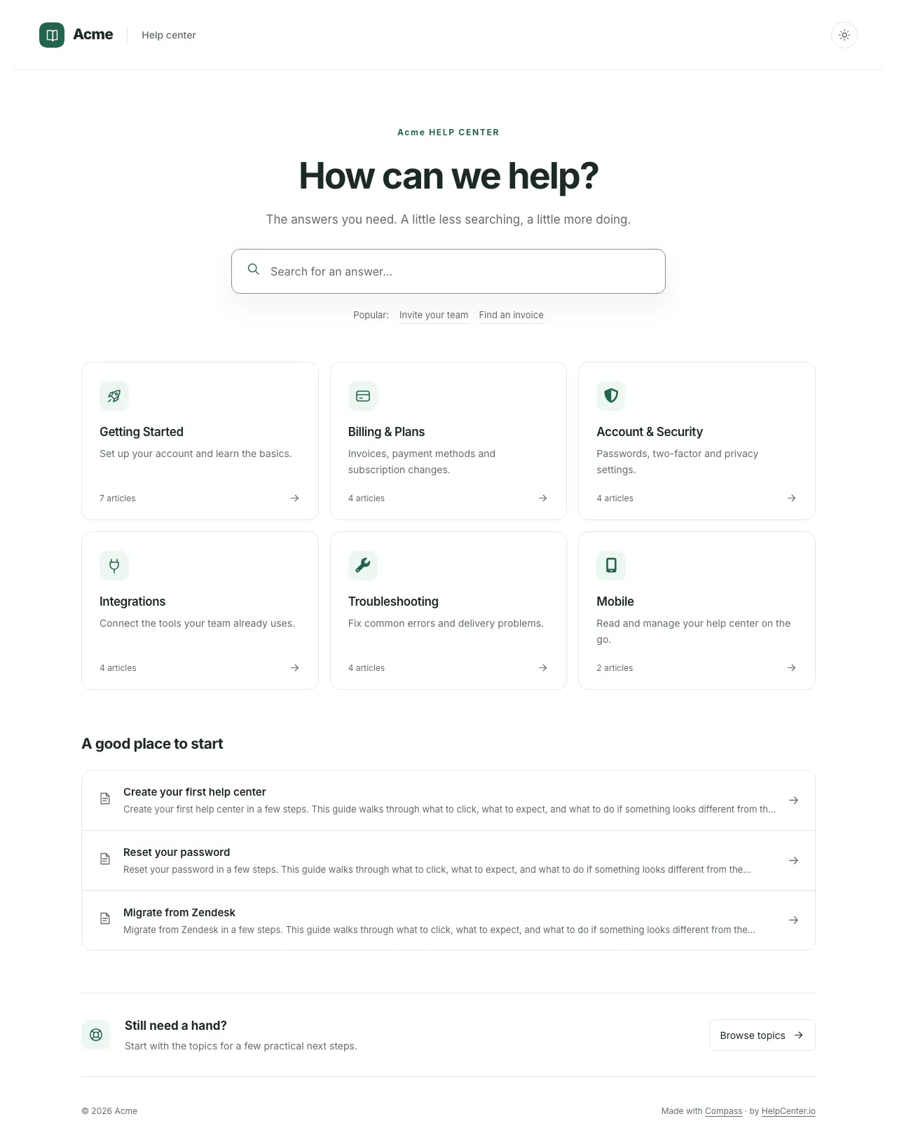 Compass knowledge base template: the whole home page