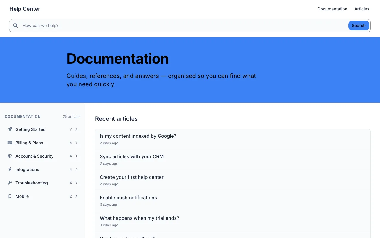 Home page of the Docs Classic knowledge base template
