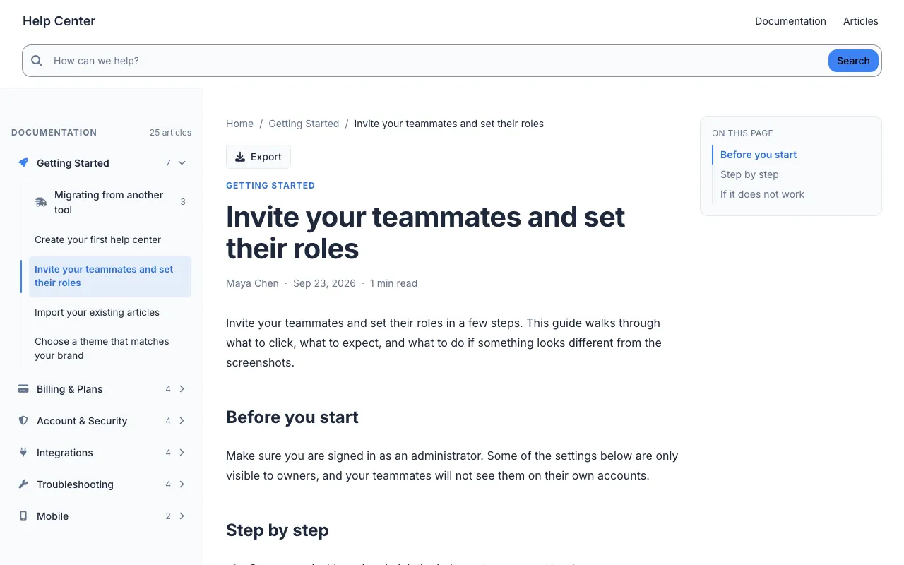 Docs Classic knowledge base template: a article page
