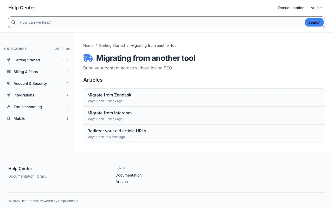 Docs Classic knowledge base template: a category page