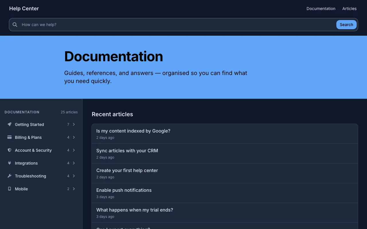 Docs Classic knowledge base template: the home page in dark mode