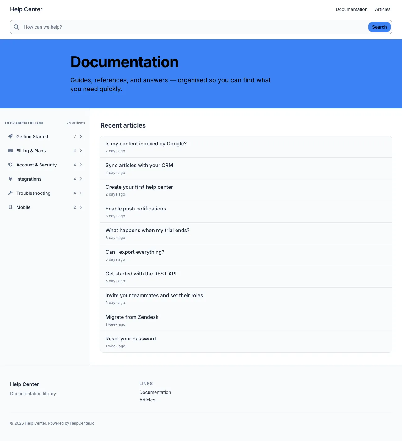 Docs Classic knowledge base template: the whole home page