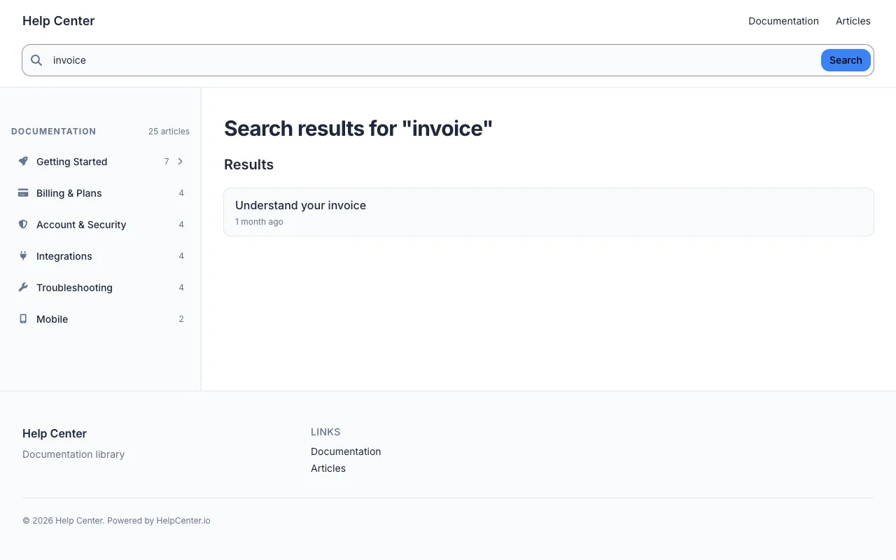 Docs Classic knowledge base template: a search results page
