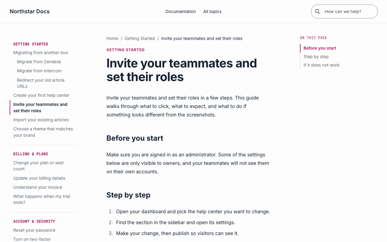 Docs Focus knowledge base template: a article page