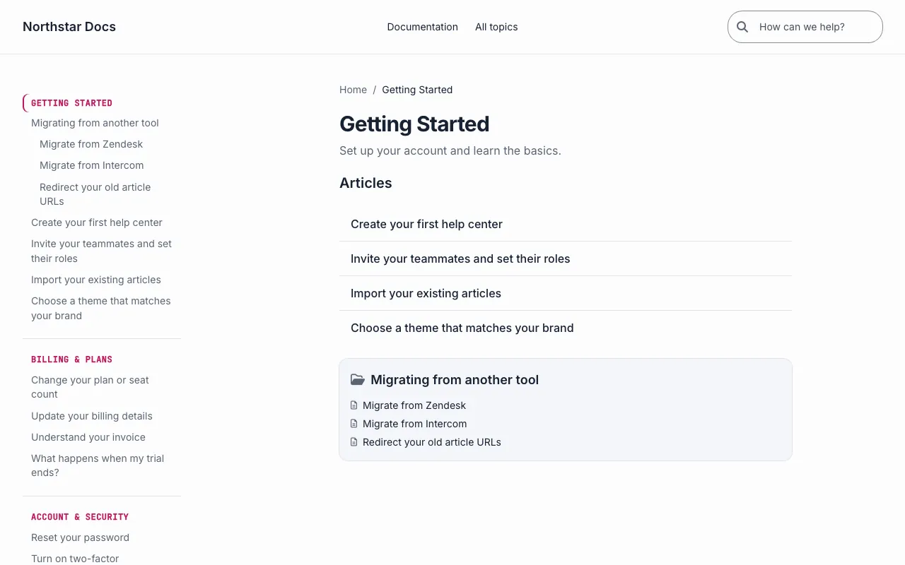 Docs Focus knowledge base template: a category page