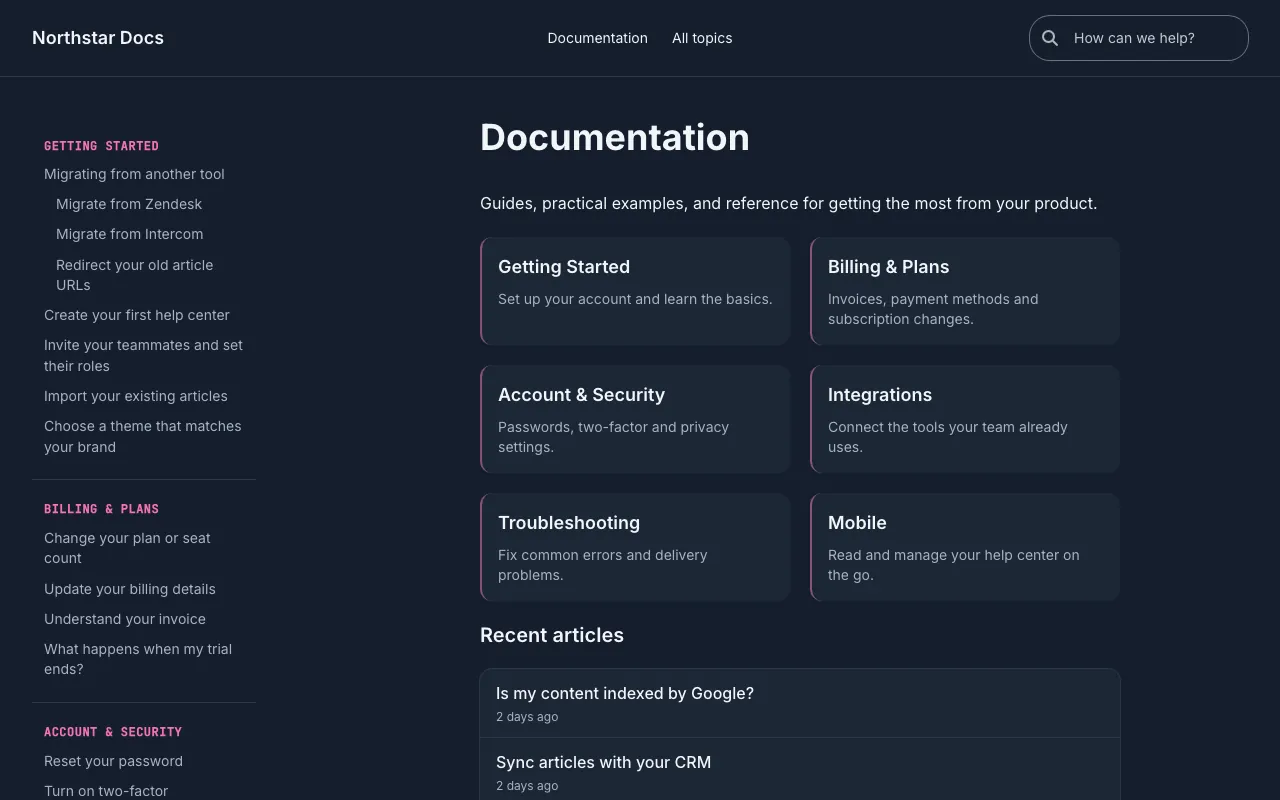 Docs Focus knowledge base template: the home page in dark mode