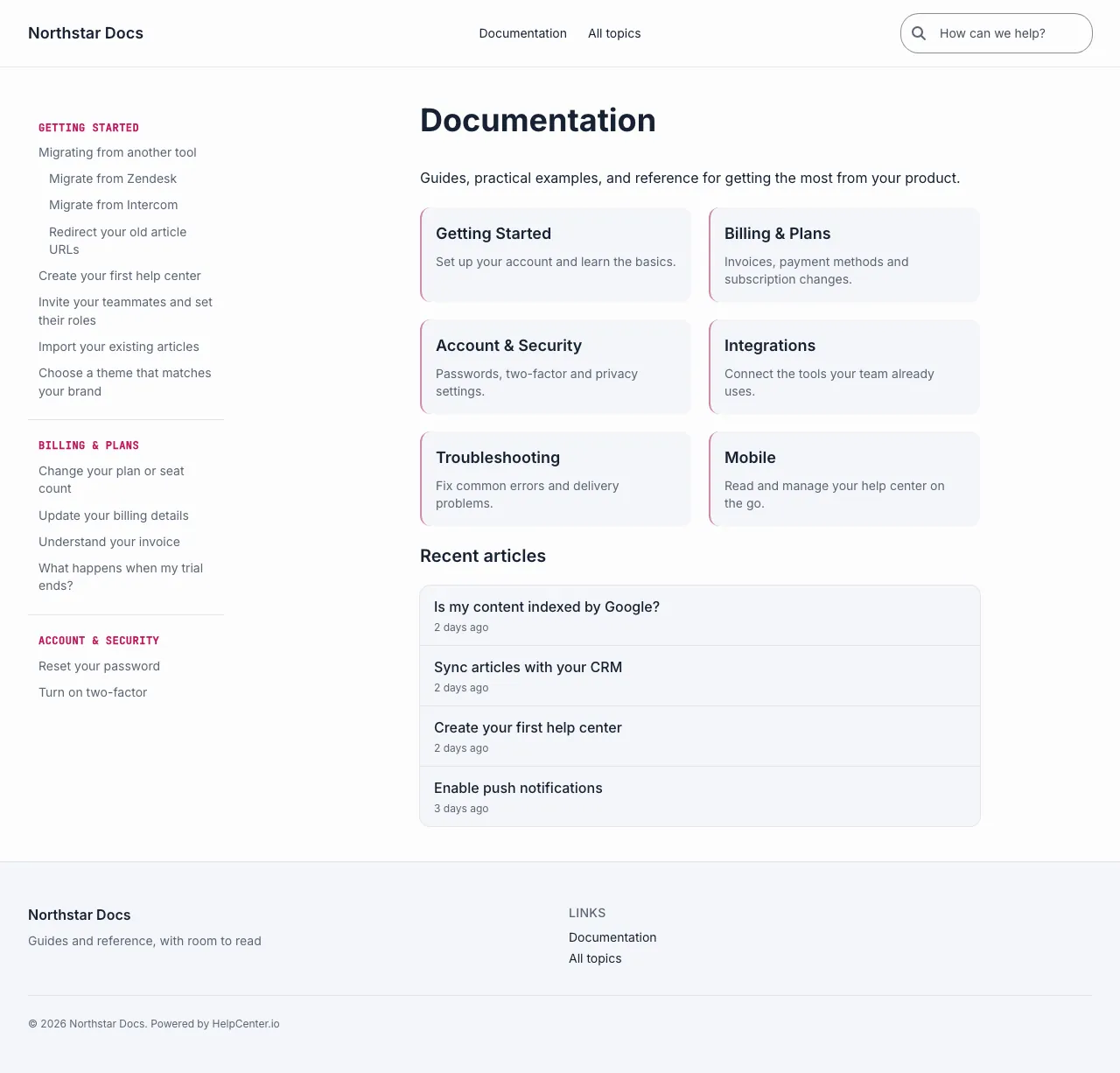 Docs Focus knowledge base template: the whole home page