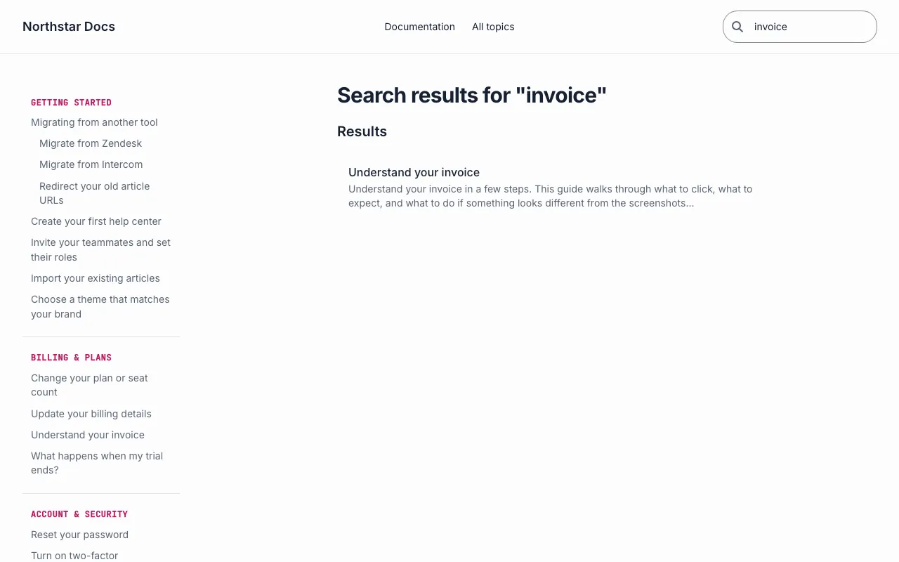 Docs Focus knowledge base template: a search results page