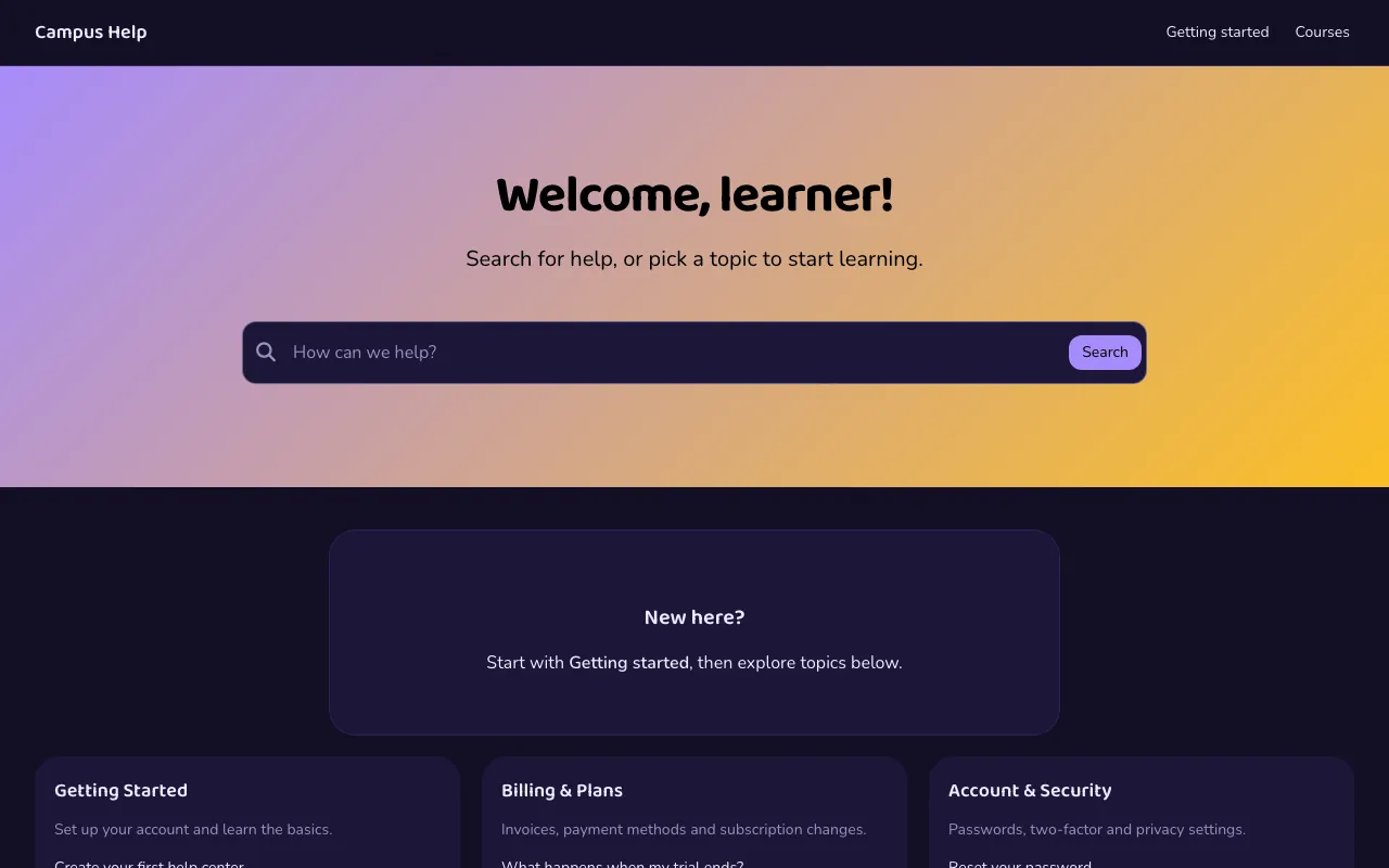 Campus knowledge base template: the home page in dark mode