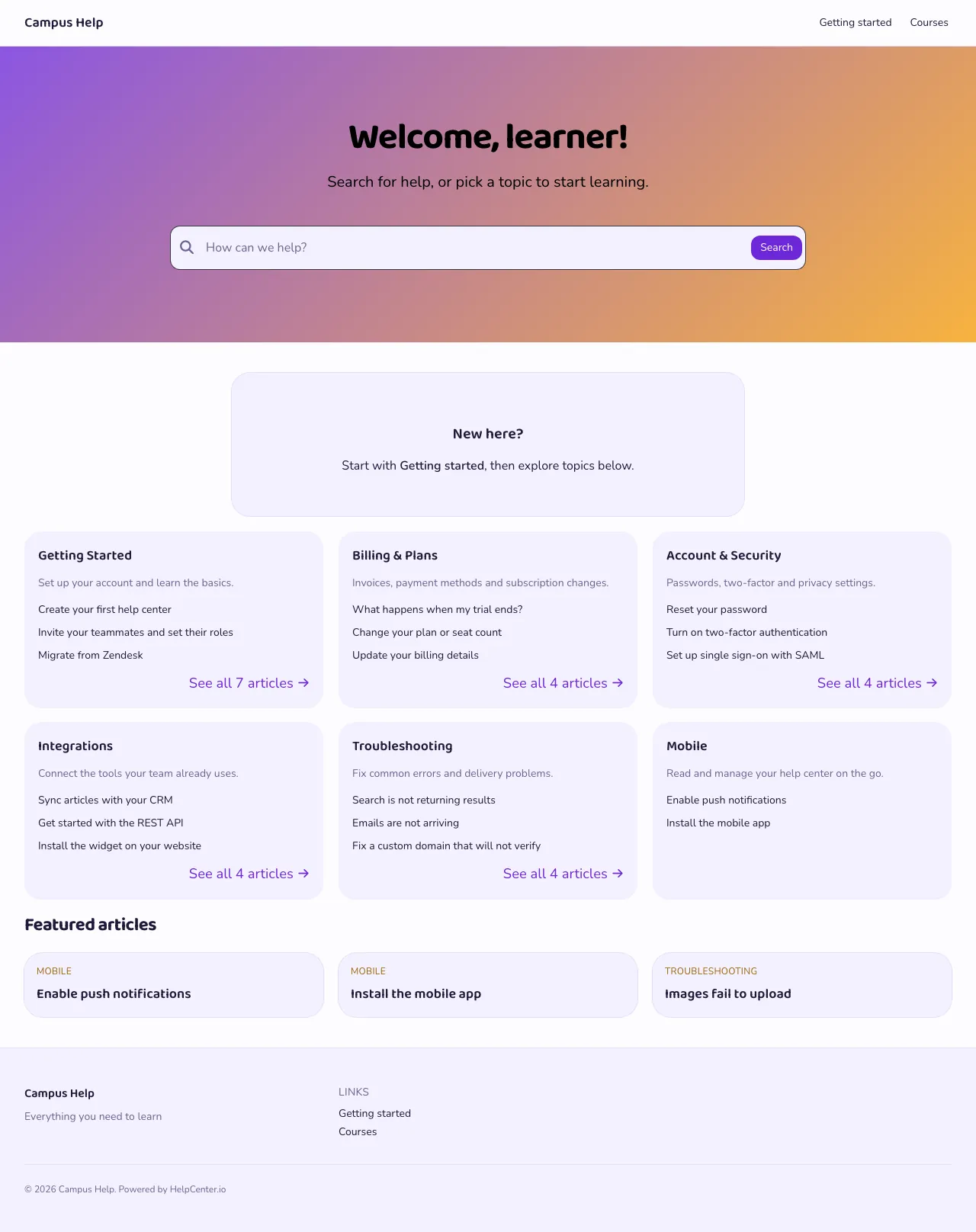Campus knowledge base template: the whole home page