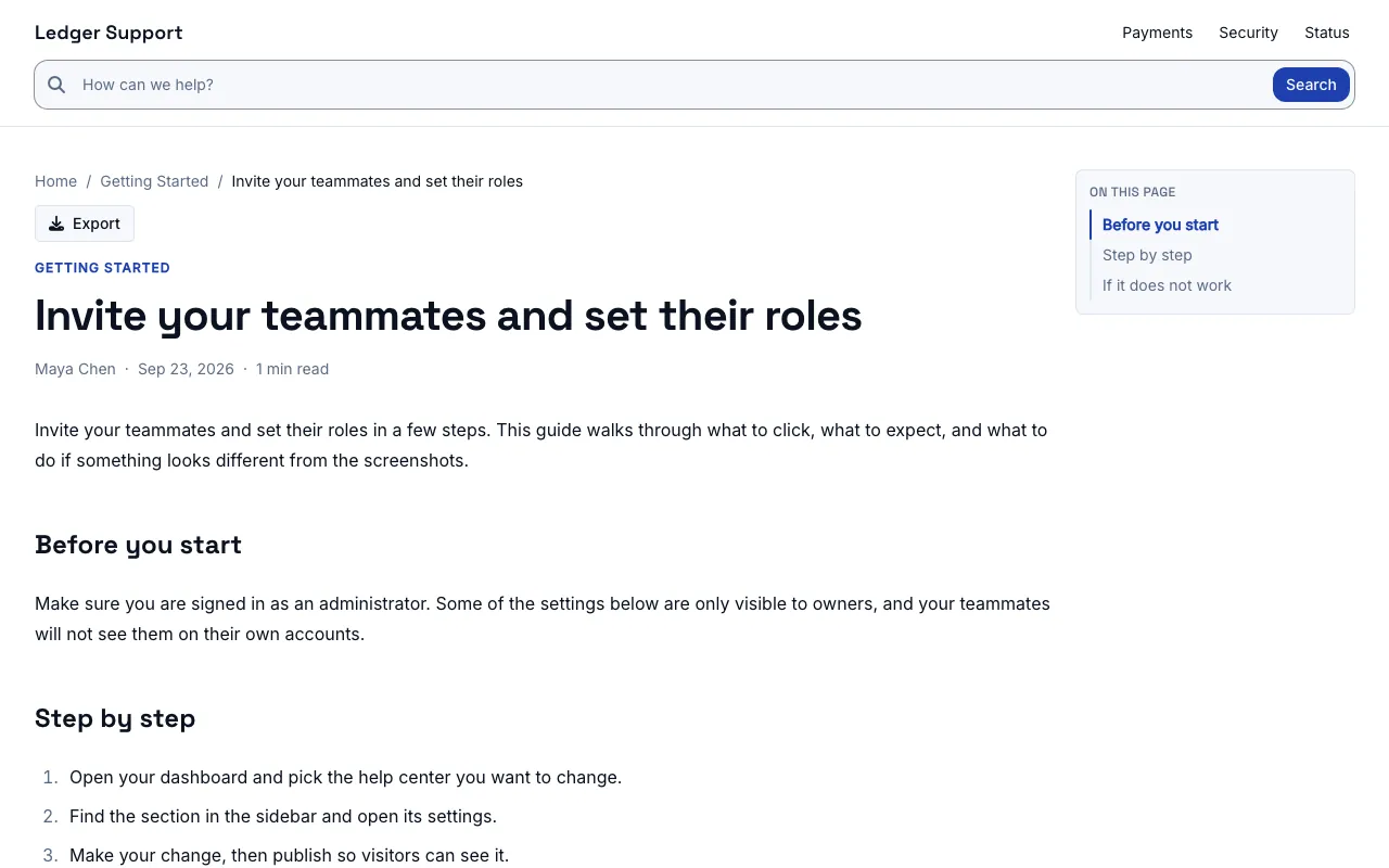 Ledger knowledge base template: a article page