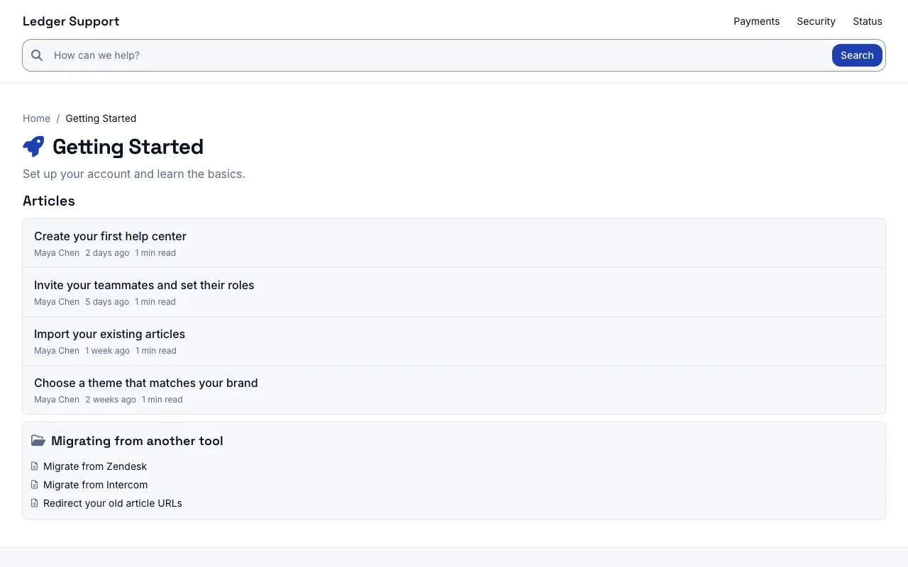 Ledger knowledge base template: a category page