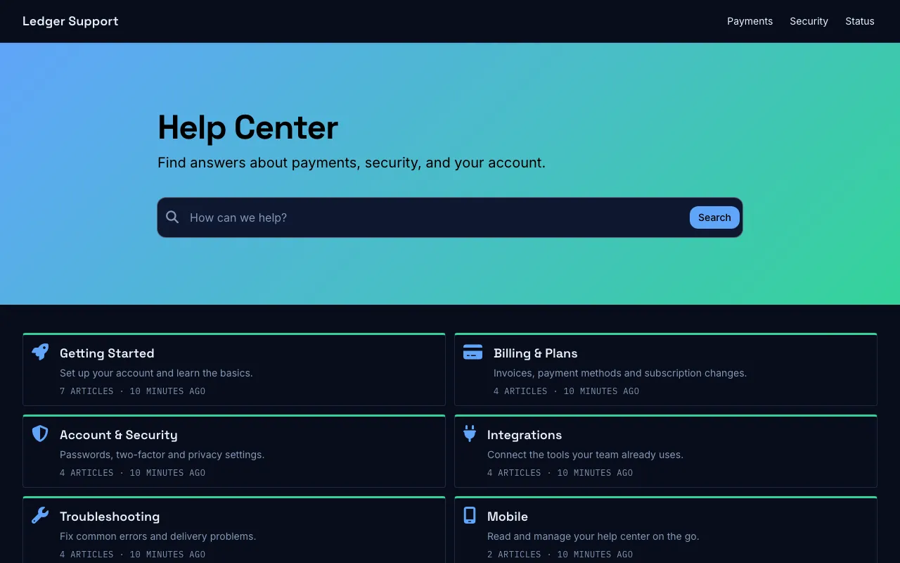 Ledger knowledge base template: the home page in dark mode