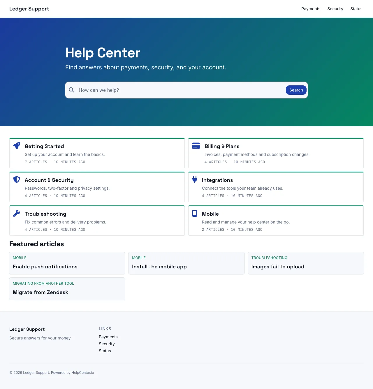 Ledger knowledge base template: the whole home page