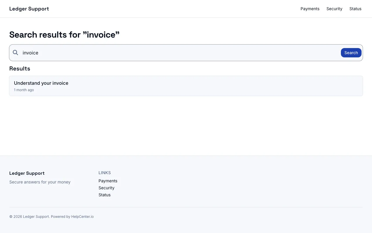 Ledger knowledge base template: a search results page