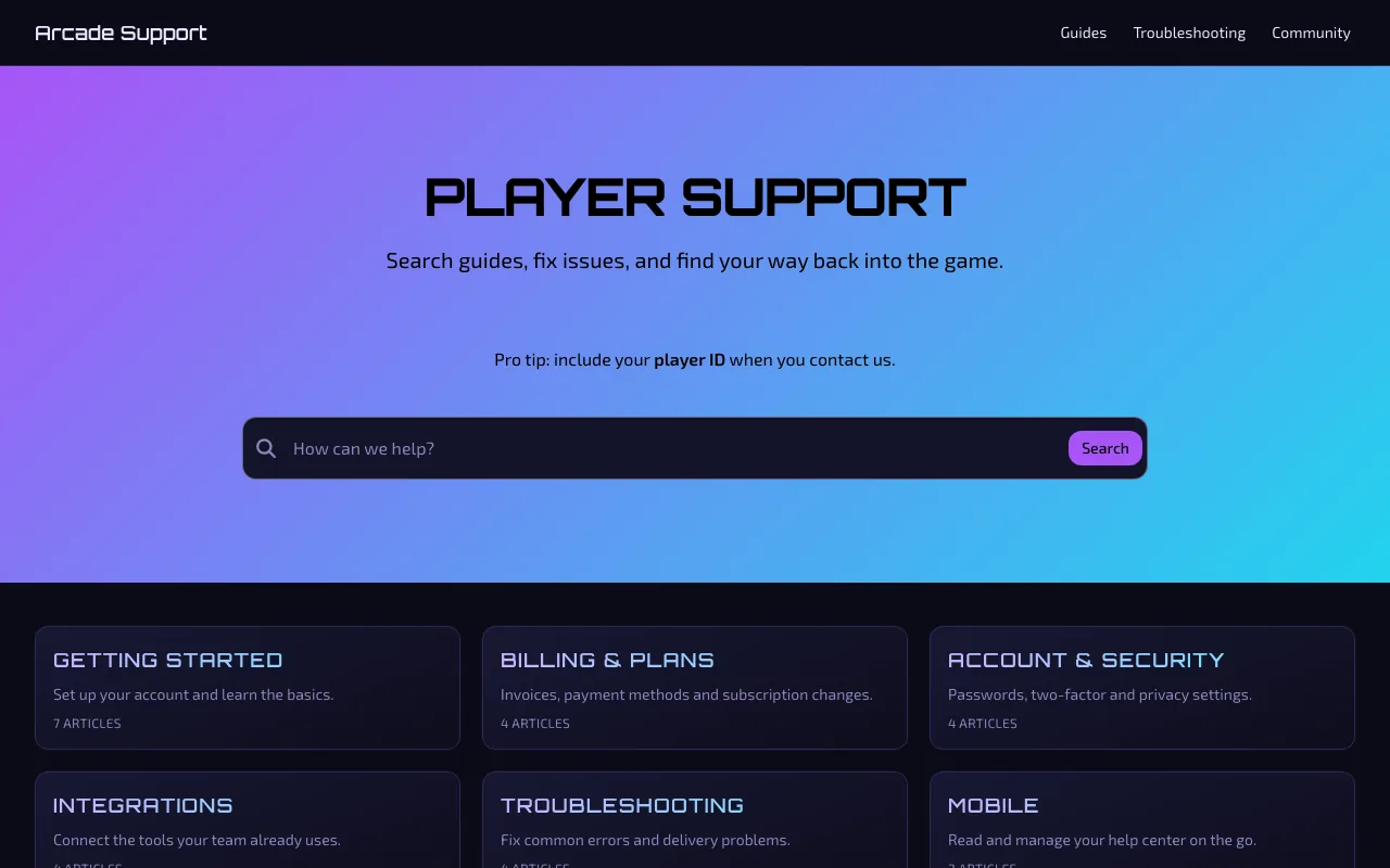 Home page of the Arcade knowledge base template
