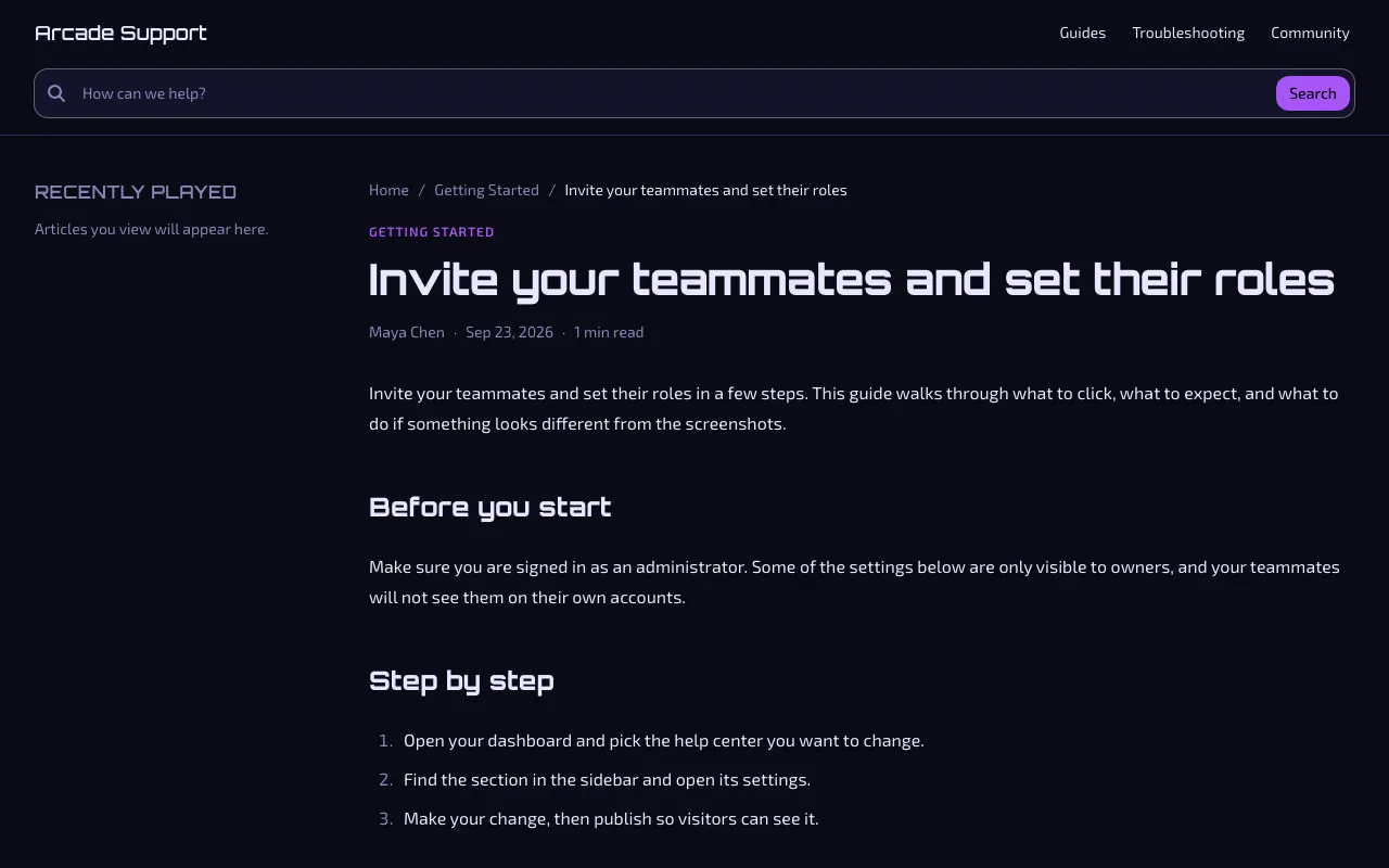 Arcade knowledge base template: a article page