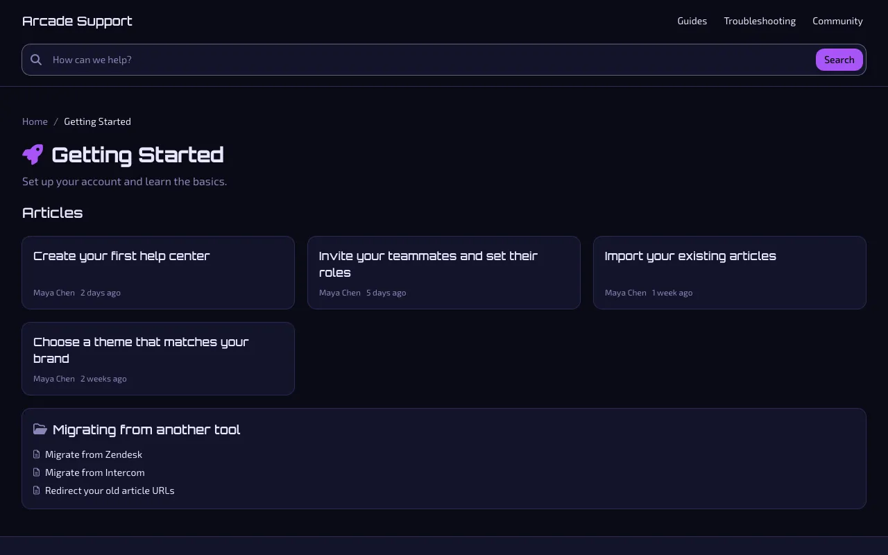 Arcade knowledge base template: a category page