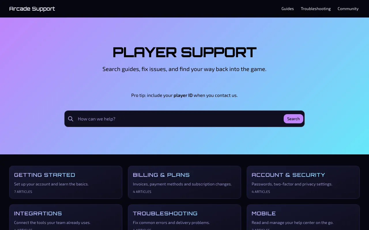 Arcade knowledge base template: the home page in dark mode